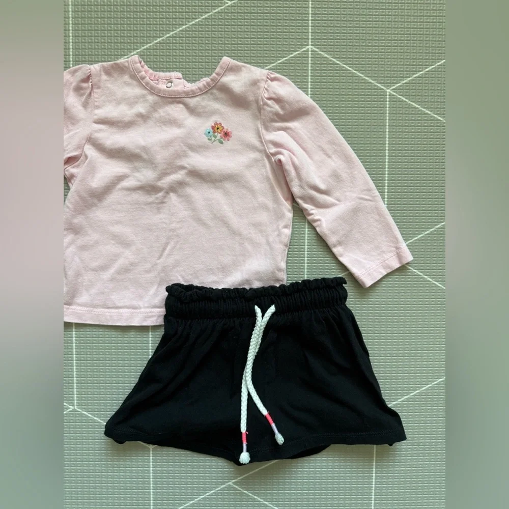 Little Me|Baby girl/toddler summer set,light Pink Long-Sleeve Top & black skort•